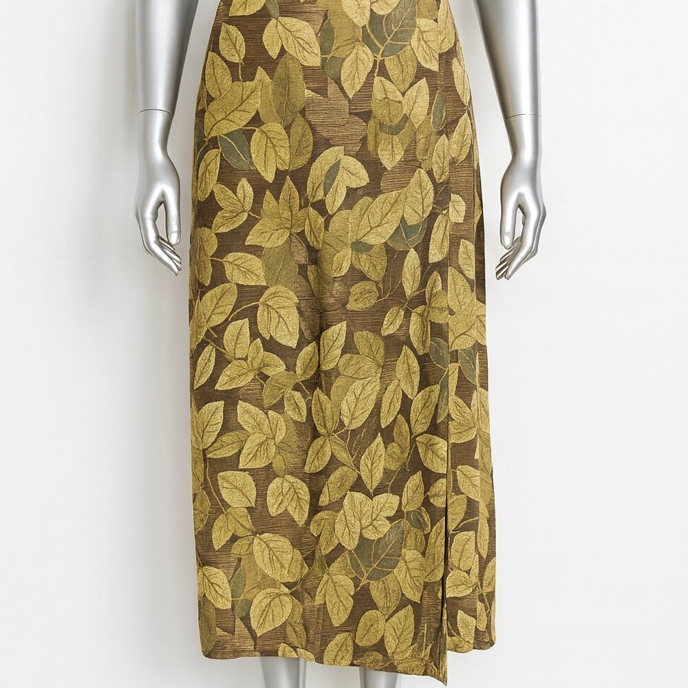 Vintage Laura Scott Leaf Print Brown Maxi Length Skirt Size 6 90s Y2K Boho Rayon